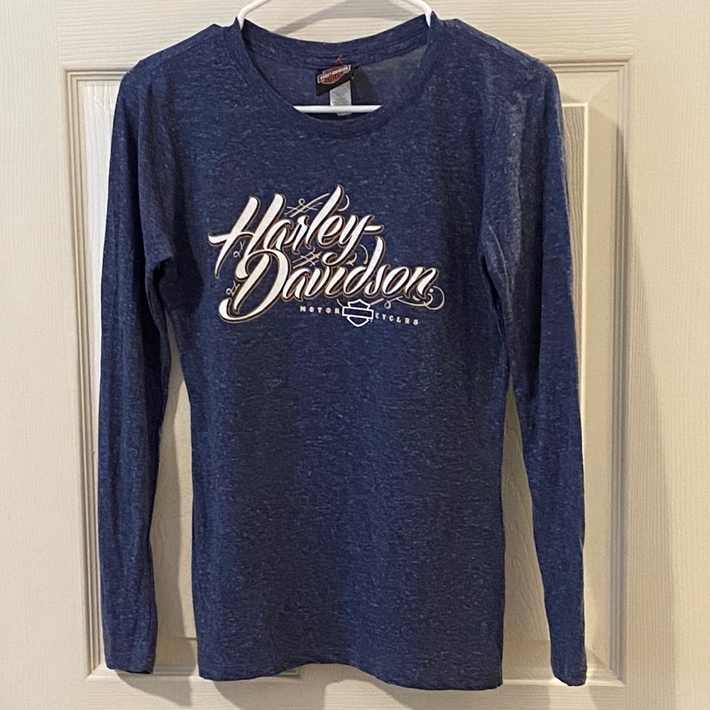 Harley-Davidson Women's Navy Blue Long Sleeve Tee with White Script Logo